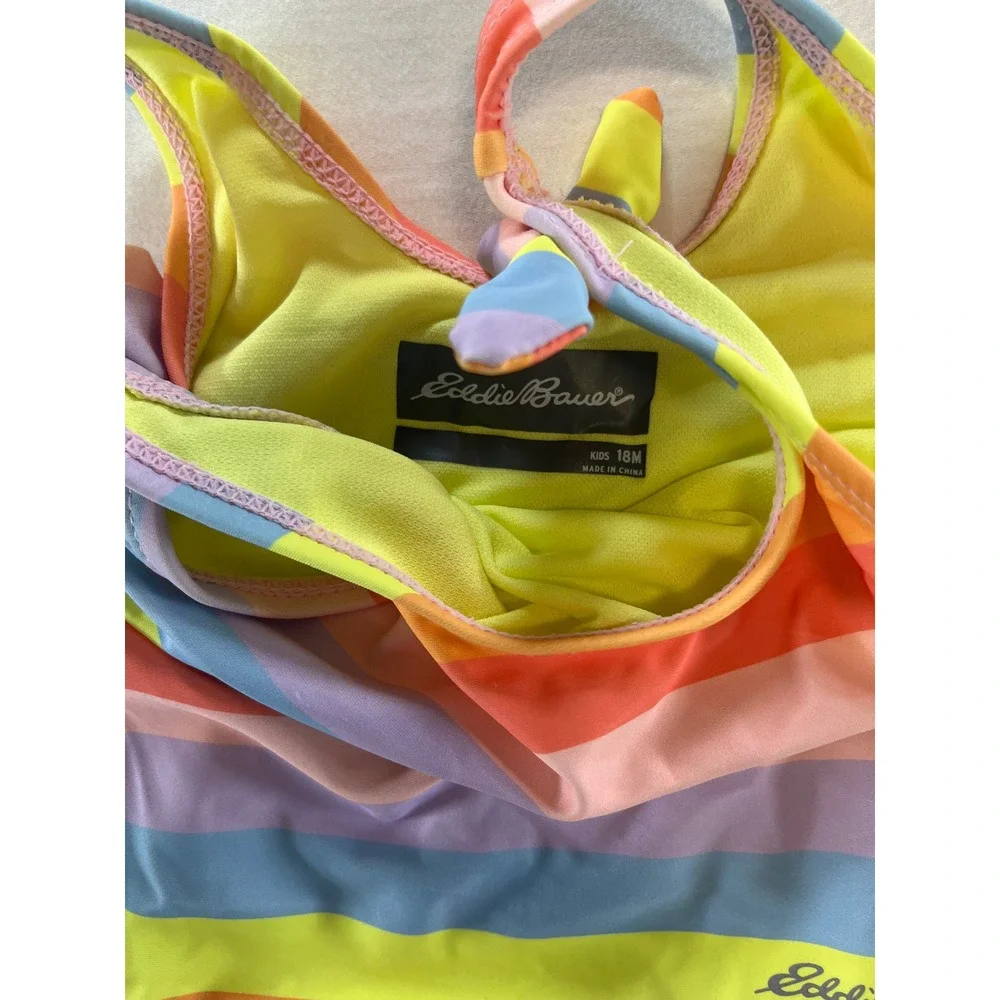 Eddie Bauer Kids 18M Girls One‎ Piece Swimsuit Rainbow Stripe Tie Shoulder Multi